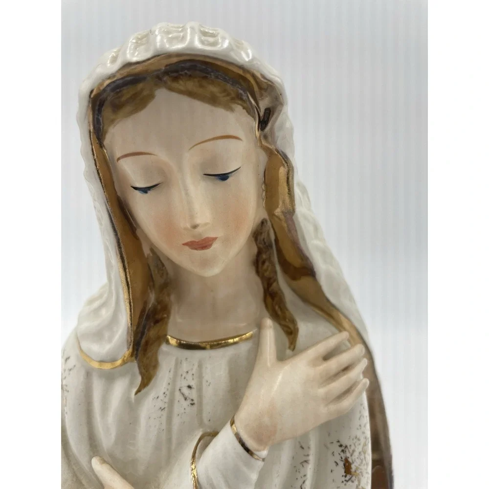 Vintage Artmark‎ Virgin Mary Statute Planter Vase Handpainted Gold Gild